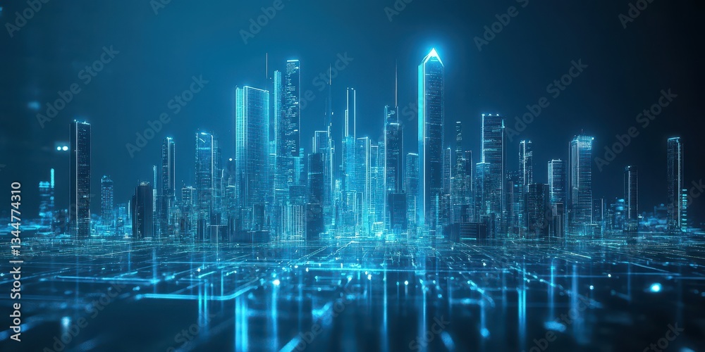 Fototapeta premium Illuminated futuristic city skyline constructed from advanced technological frameworks