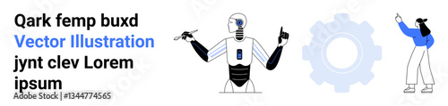 Robot interacting with tools, with a developer pointing at solutions and a gear icon. Ideal for AI, robotics, innovation, technology, teamwork, coding, simple landing page