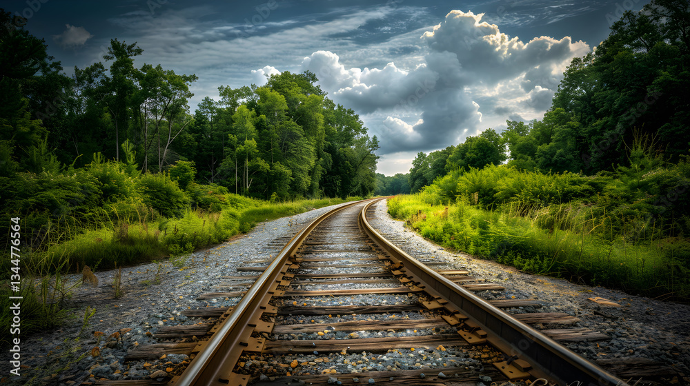 Fototapeta premium Embarking on a Serene Journey: A Scenic, Curving Railway Track Amidst Lush Greenery