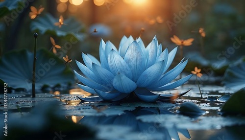 Serene Blue Lotus Flower at Sunset Water Reflection