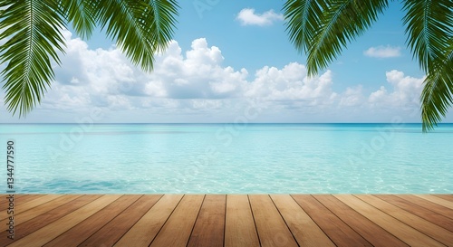 A serene tropical beach scene featuring a wooden deck in the foreground, clear turquoise waters, and lush green palm leaves framing the view. The blue sky with soft clouds and a peaceful atmosphere.