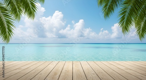 A serene tropical beach scene featuring a wooden deck in the foreground, clear turquoise waters, and lush green palm leaves framing the view. The blue sky with soft clouds and a peaceful atmosphere.