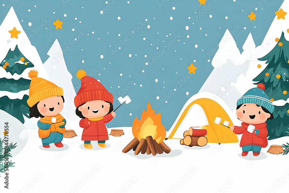 Whimsical Winter Camping: Children Roasting Marshmallows in Snowy Landscape Whimsical Winter Camping: Children Roasting Marshmallows in Snowy Landscape