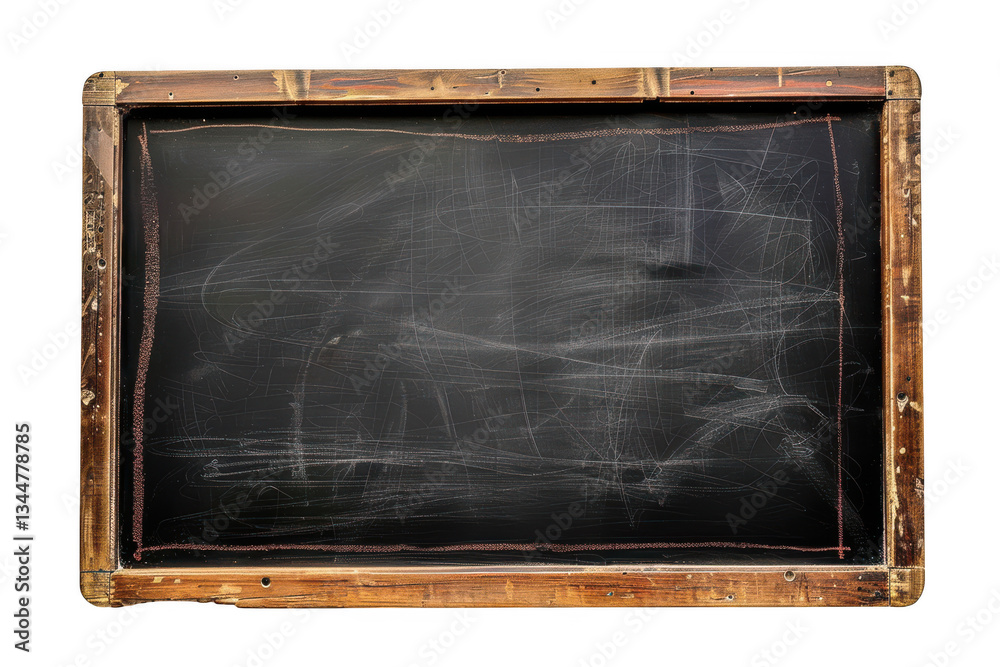 Fototapeta premium A worn chalkboard with a wooden frame showing chalk residue and scratches 