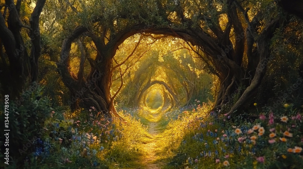 Enchanted Forest Pathway with Circular Tree Arches and Vibrant Wildflowers in Magical Golden Light Enchanted Forest Pathway with Circular Tree Arches and Vibrant Wildflowers in Magical Golden Light