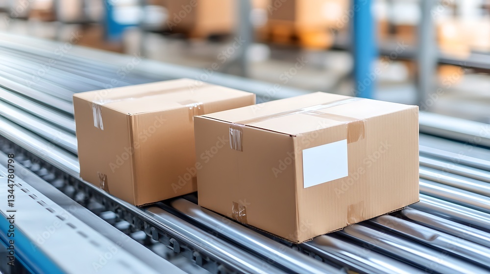 Cardboard boxes on automated conveyor belt. (1) Cardboard boxes on automated conveyor belt. (1)