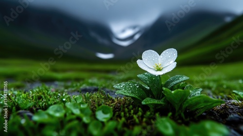 Single white flower in a mountainous meadow. Dew drops cling to petals. Lush green grass and moss surround the bloom