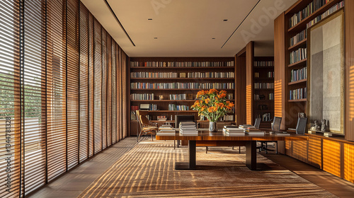 Architectural digest close up photograph of an large modern minimalistic work space, with venetian blinds windows. Walls made of amber wood panels and brown rugs with wood floor. Bookshelves cover the