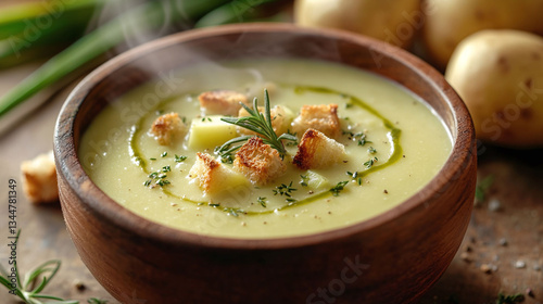  An aesthetic photo of a creamy vegan leek and potato soup, thick and velvety consistency, smooth blend with tiny flecks of herbs, a gentle swirl of vegan cream on the surface