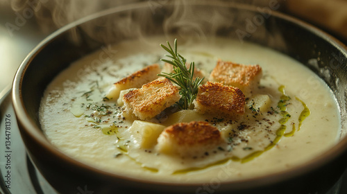  An aesthetic photo of a creamy vegan leek and potato soup, thick and velvety consistency, smooth blend with tiny flecks of herbs, a gentle swirl of vegan cream on the surface