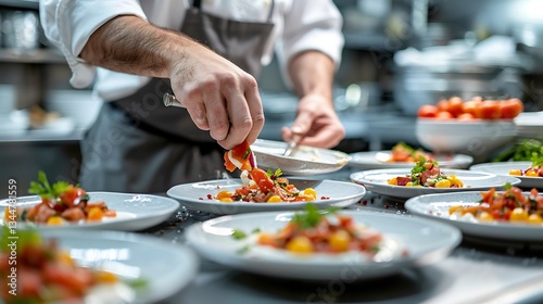 Close up of chef preparing a gourmet dish motion blur and open copy space