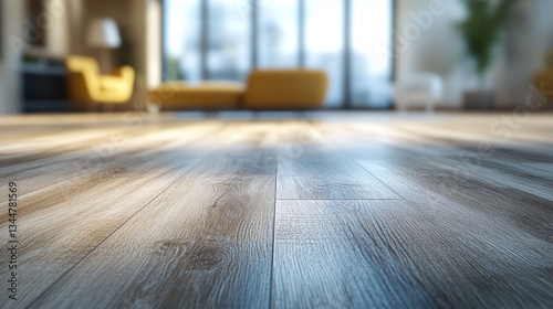the floor, laminate flooring, in light shades of wood, is in the centre of attention, with blurred interior elements in light shades in the background