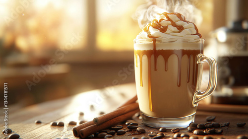 A steaming caramel latte in a nice glass, topped with a swirl of whipped cream and a generous drizzle of golden caramel sauce. The latte sits on a cozy wooden table with soft morning light streaming i