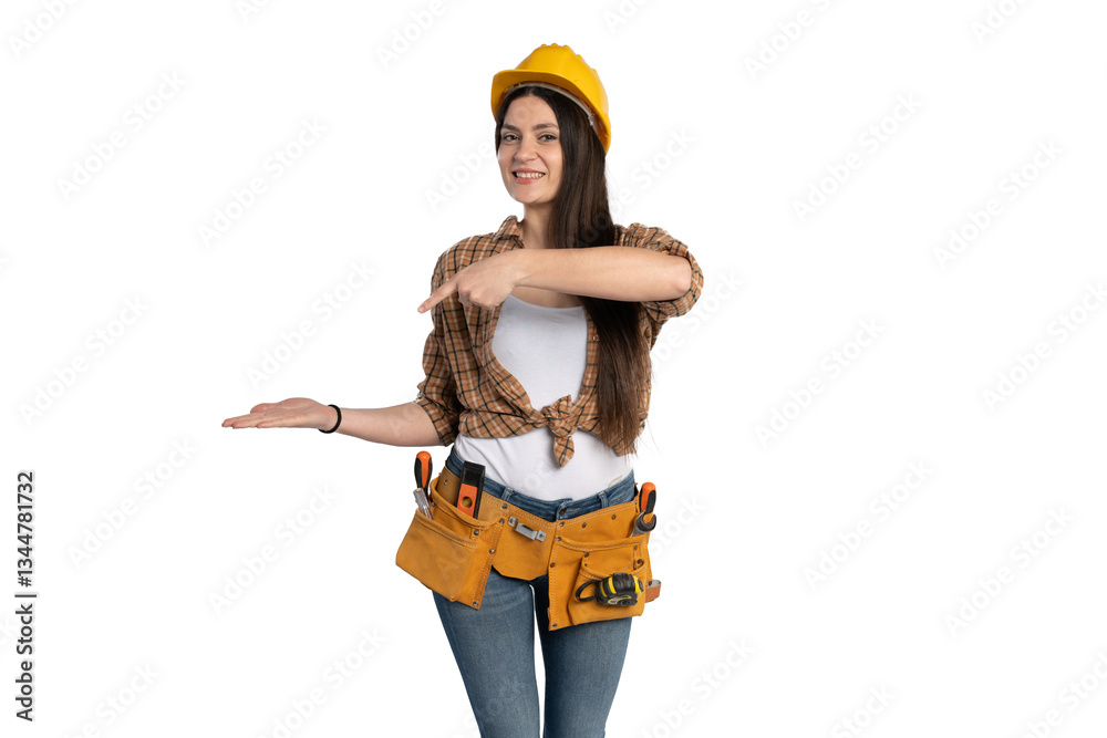 Naklejka premium Female construction worker presenting with one hand