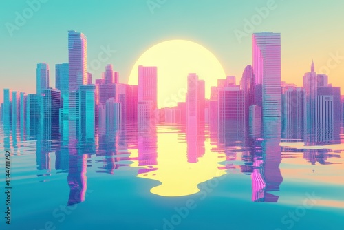 A colorful urban cityscape with water and a large sun