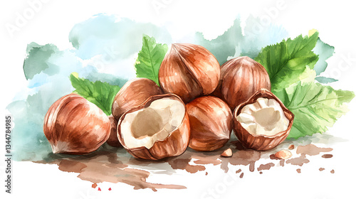 Detailed Watercolor Unpeeled Hazelnuts Cartoon Vector Illustration