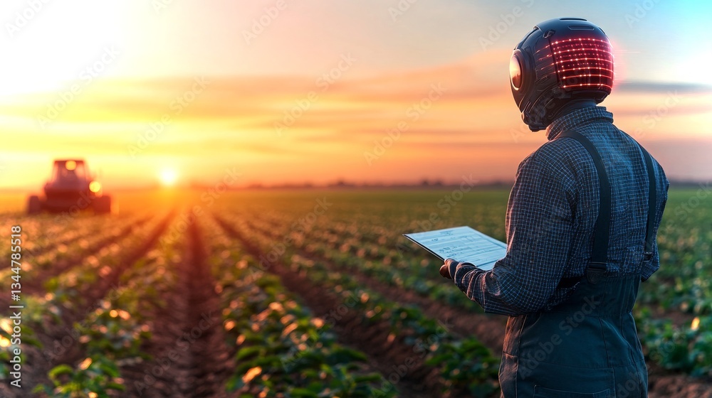 Fototapeta premium Agricultural worker using technology for crop management during sunset in rural landscape