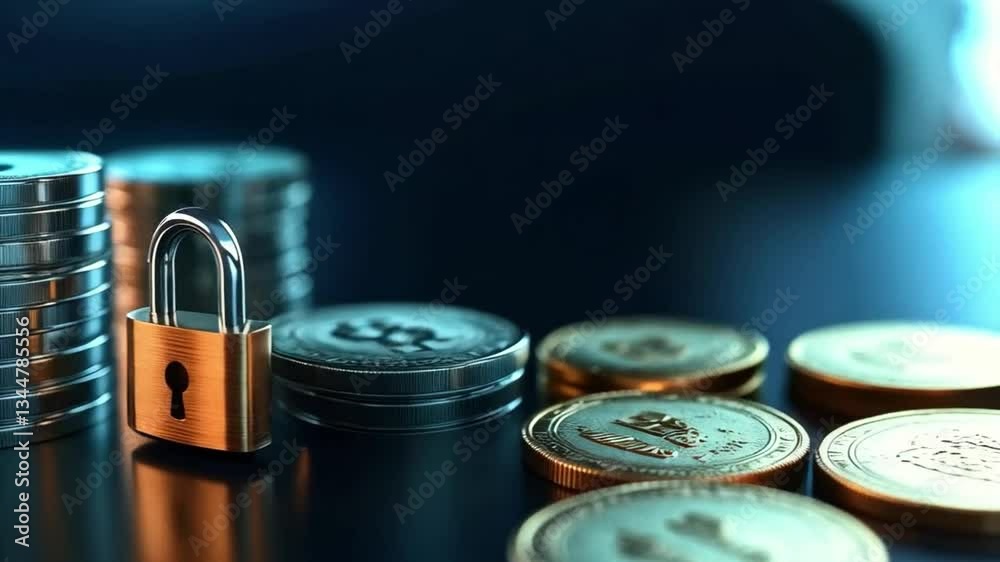 A padlock is positioned prominently next to stacks of coins, symbolizing security in financial transactions. This arrangement highlights the importance of protecting personal banking information. A padlock is positioned prominently next to stacks of coins, symbolizing security in financial transactions. This arrangement highlights the importance of protecting personal banking information.