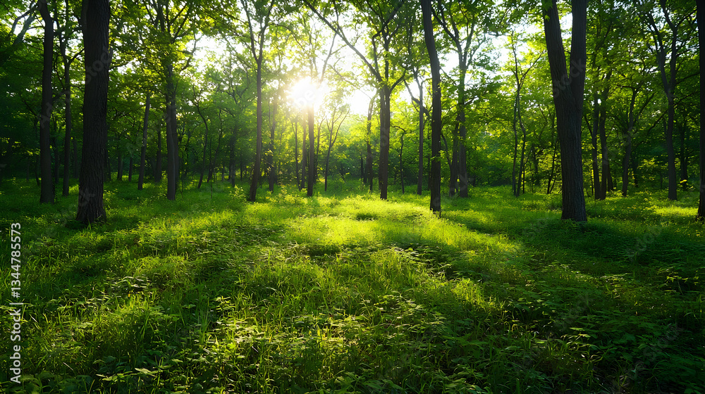 Obraz premium Sunlit Forest Landscape Featuring Lush Green Vegetation and Dense Tree Canopy