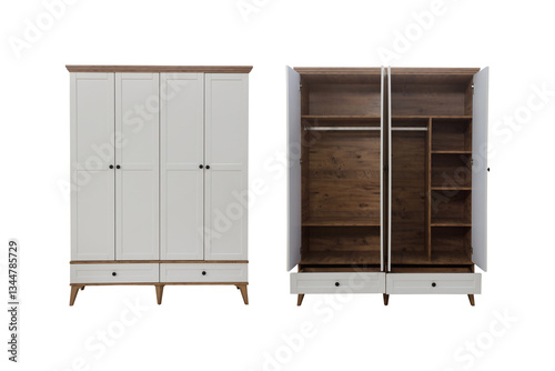 Modern Wooden Wardrobe Collection with Two-Tone Design - White and Natural Oak Bedroom Armoires with Open Shelving and Closed Cabinet Storage for Contemporary Homes