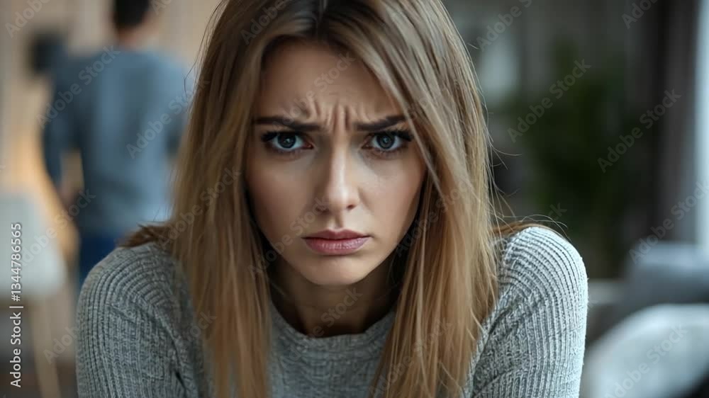 A woman shows concern while sitting on a couch as a man stands with his back turned, highlighting a moment of tension and unresolved conflict in their relationship A woman shows concern while sitting on a couch as a man stands with his back turned, highlighting a moment of tension and unresolved conflict in their relationship