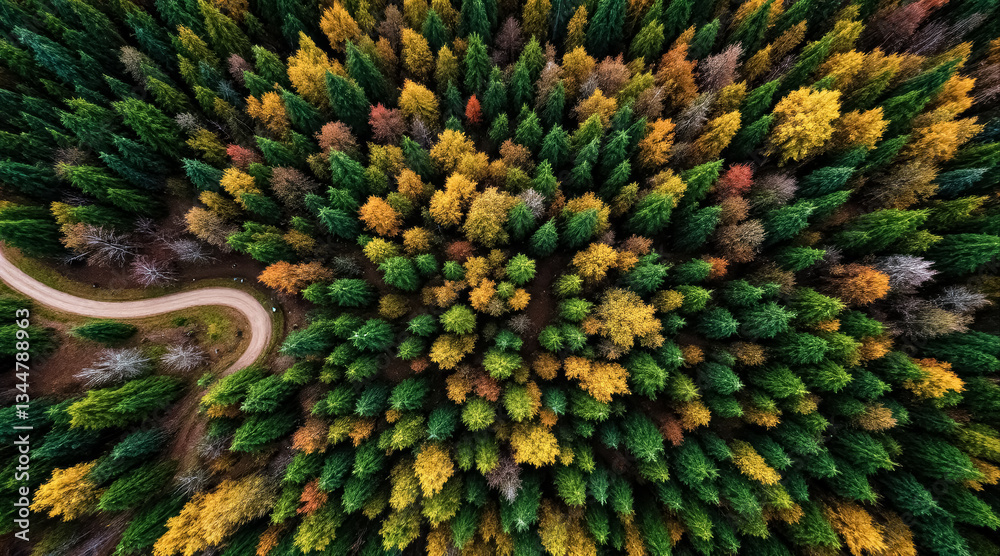 Fototapeta premium aerial view of a forest road in autumn