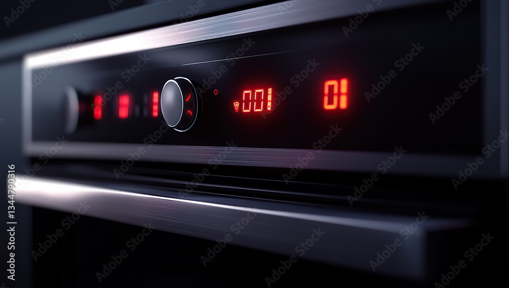 Close-up of an oven with red glowing numbers on the front panel, in a sleek black and silver metallic finish Close-up of an oven with red glowing numbers on the front panel, in a sleek black and silver metallic finish
