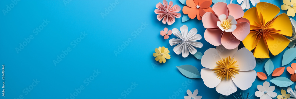 Fototapeta premium Bright and cheerful wildflower paper-cut pattern with layered colours on a solid blue background.