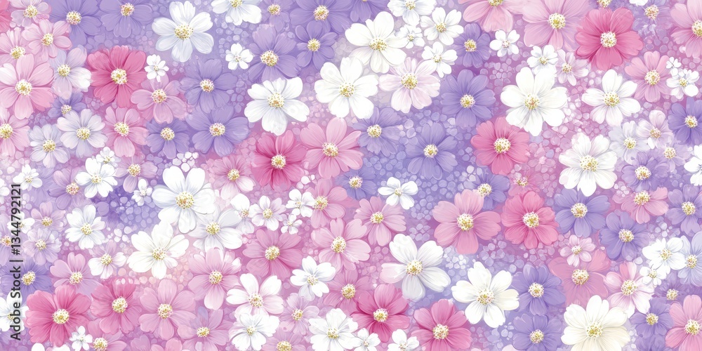 A seamless pattern of delicate hand-drawn flowers in shades of pink, white, and purple, creating a soft and minimalistic floral design A seamless pattern of delicate hand-drawn flowers in shades of pink, white, and purple, creating a soft and minimalistic floral design