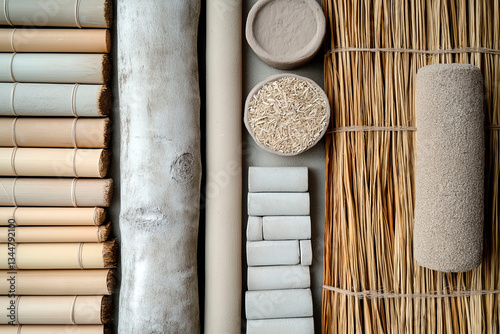 A natural material composition featuring bamboo, straw, clay, and wood in earthy neutral tones, highlighting sustainability, organic textures, and eco-friendly design inspiration