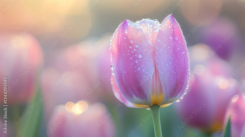 Fototapeta premium Closeup dewkissed tulip in serene garden morning light 8 words