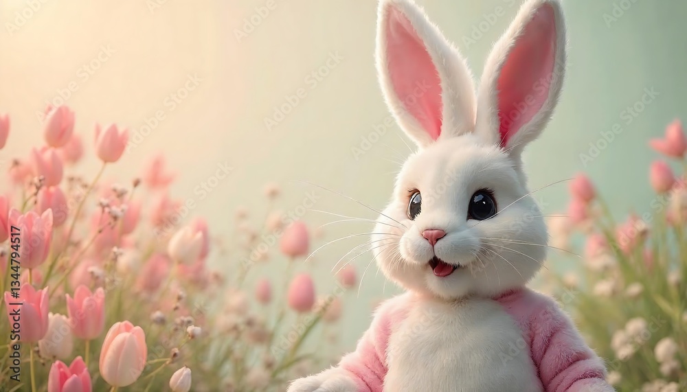 Obraz premium Cute White Bunny in Pink Sweater Among Tulips