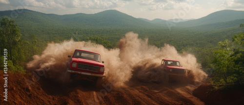Intense Off-Road Race Between Two Red Trucks in Mountainous Terrain