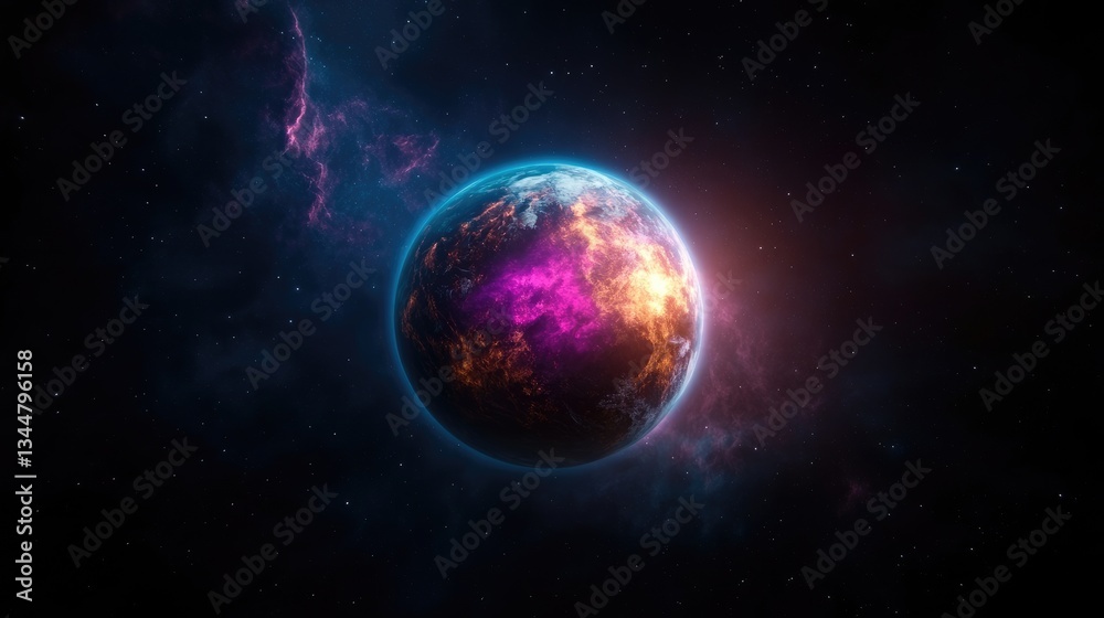 Obraz premium Vibrant Planet with Nebula: Cosmic Energy and Colorful Space Scenery
