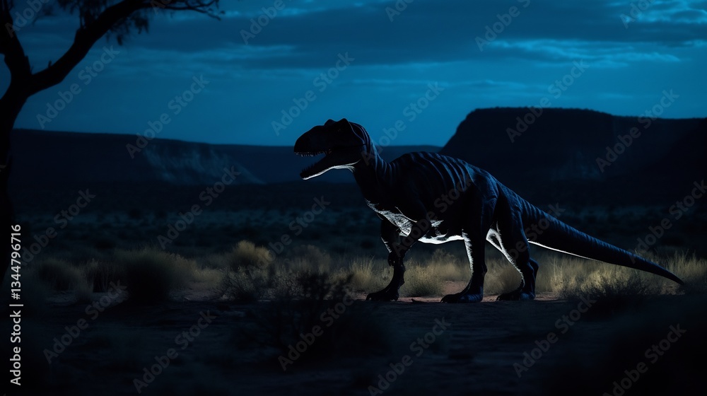 Fototapeta premium Trex moving gracefully night silhouette softly illuminated moonlight casting elongated shadow across quiet terrain subtle glow accentuates strong frame while cool blue hue of nocturnal Outback create