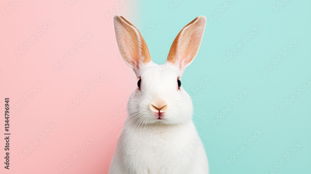 Obraz premium A cute white rabbit poses in front of a pastel background, showcasing its large ears and gentle expression.