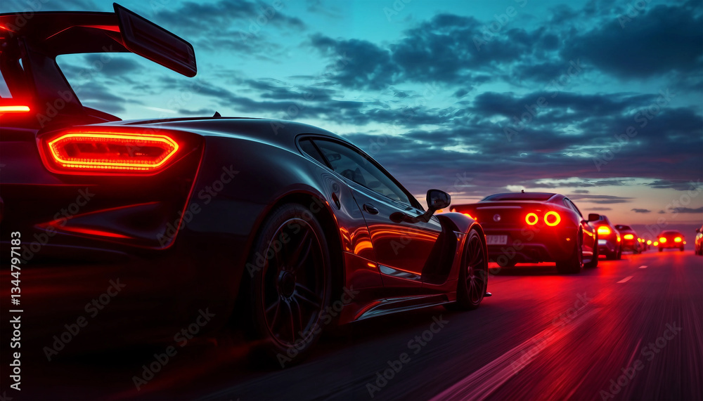 Obraz premium Street racing. The light of the red headlights. Cars on the road