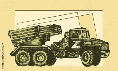 Russian multiple launch rocket system. Missile system with a multiple launcher, MLRS. Sketch, rough draft. Vector illustration