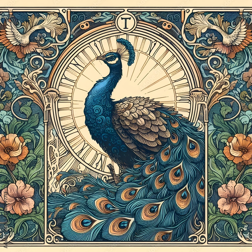 Fototapeta premium 아르누보 디자인 배경, 공작, jpeg (Art Nouveau Design Background, Peafowl, jpeg)