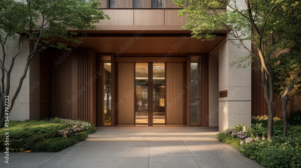 Fototapeta premium Modern Home Entrance with Wooden Doors and Stone Walls