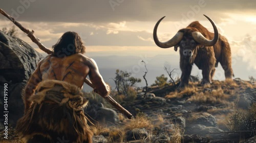Neanderthal man stands against big woolly buffalo, primitive caveman and animal in prehistoric era. Concept of ancient people, hunt. 