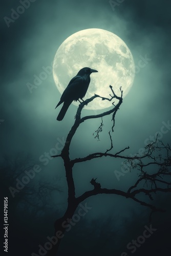 A black raven perched on a bare branch silhouetted against a large, glowing full moon in a misty night sky