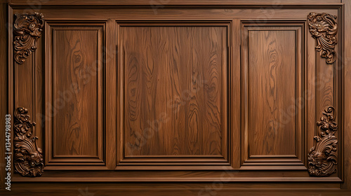 Detailed Close Up Of Dark Brown Wooden Panel With Carved Floral Decorations And Natural Wood Grain Texture