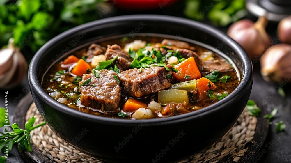rich pork stew served hot in rustic bowl rich pork stew served hot in rustic bowl