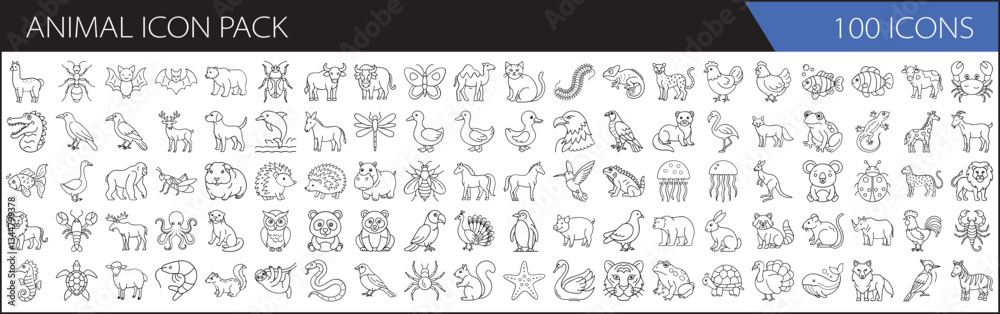 Fototapeta premium Animal icon pack with 100 outline designs - A collection of 100 outline animal icons featuring various wildlife, pets, farm animals, and exotic species in a simple vector style.