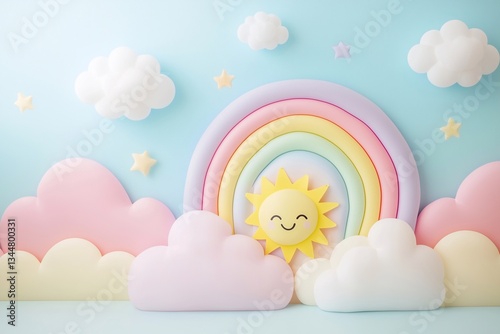 Pastel-colored birthday party backdrop with clouds and rainbow