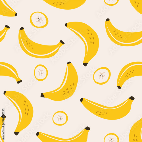 Banana seamless pattern. Print with bananas slices yellow tropical fruit, abstract backdrop for fabric textile design, wallpaper and wrapping paper. Vector texture