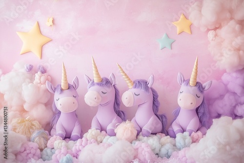 Festive background for a baby birthday party with clouds and toy unicorn