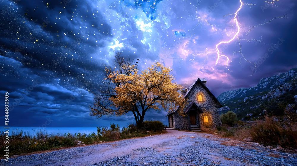 Dramatic sky, lonely cottage
