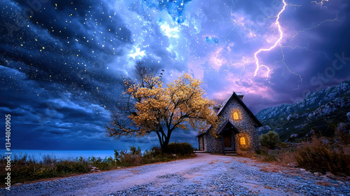 Dramatic sky, lonely cottage